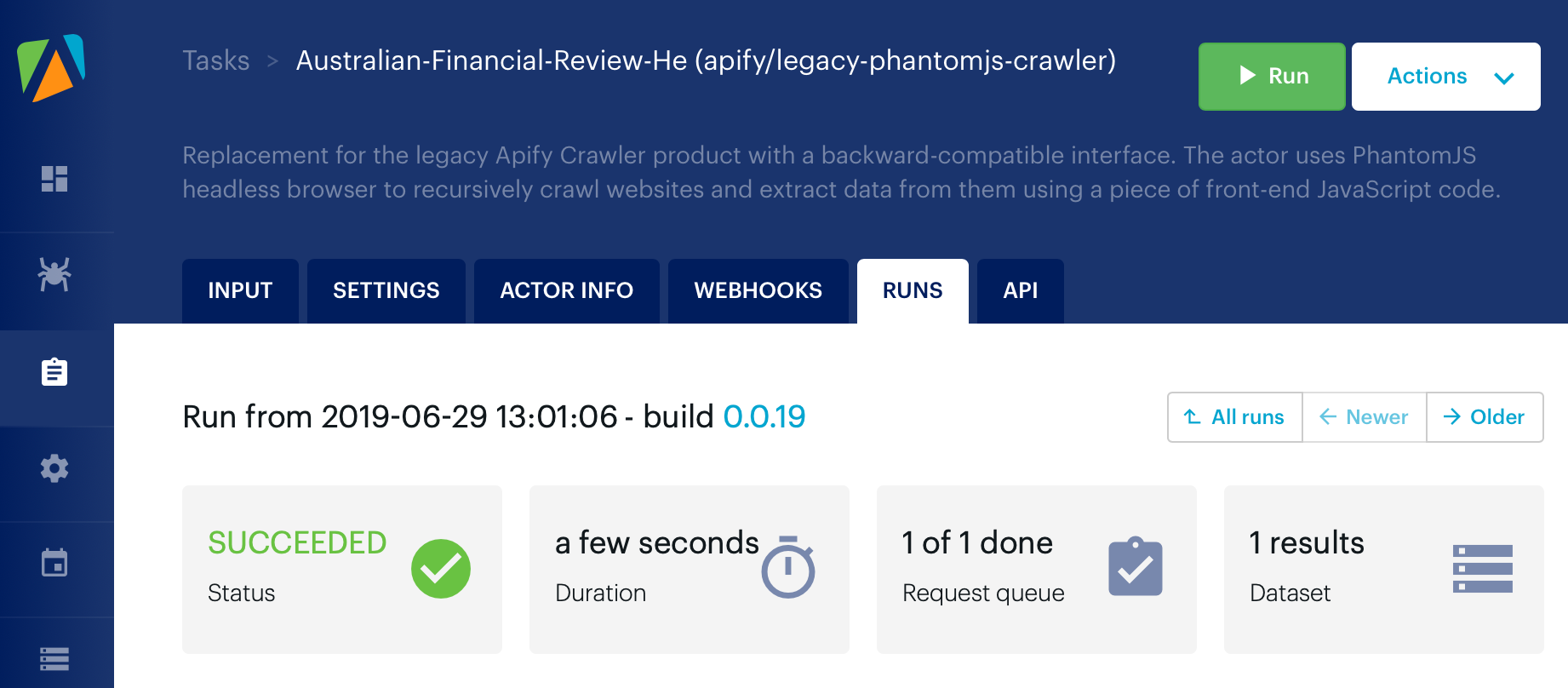 The status page of a successful run of the crawler