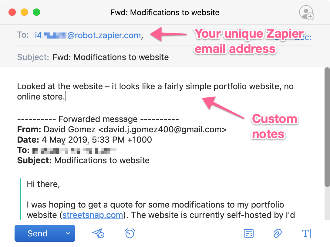 Forwarding an email from a prospective customer to Zapier